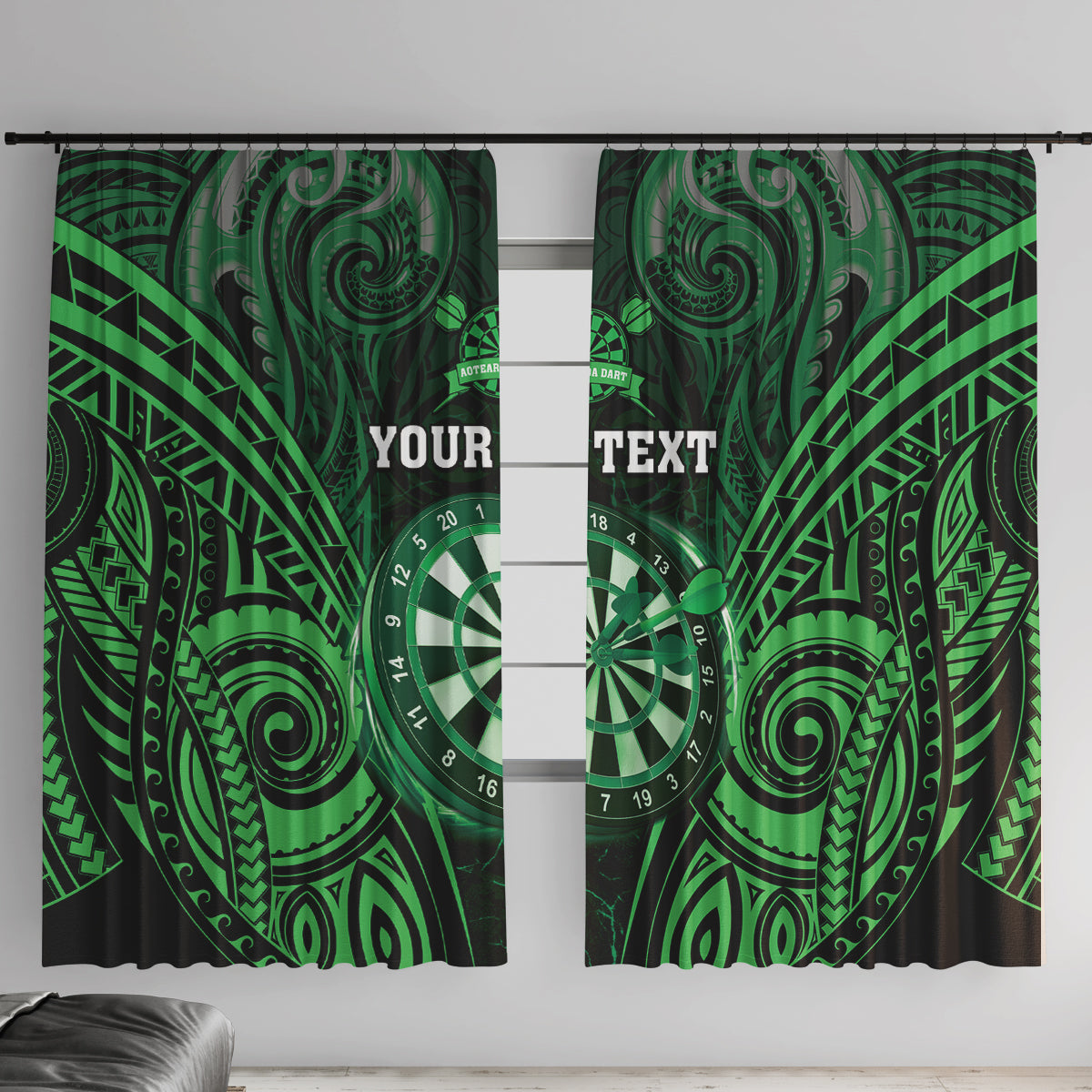 Personalised New Zealand Darts Window Curtain Green Dart Board Maori Pattern