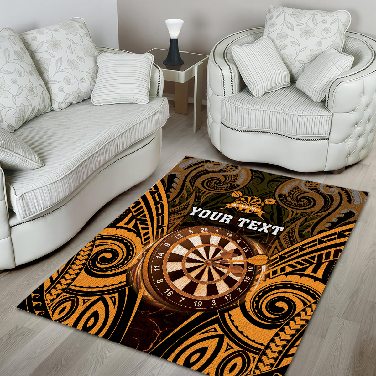 Personalised New Zealand Darts Area Rug Gold Dart Board Maori Pattern