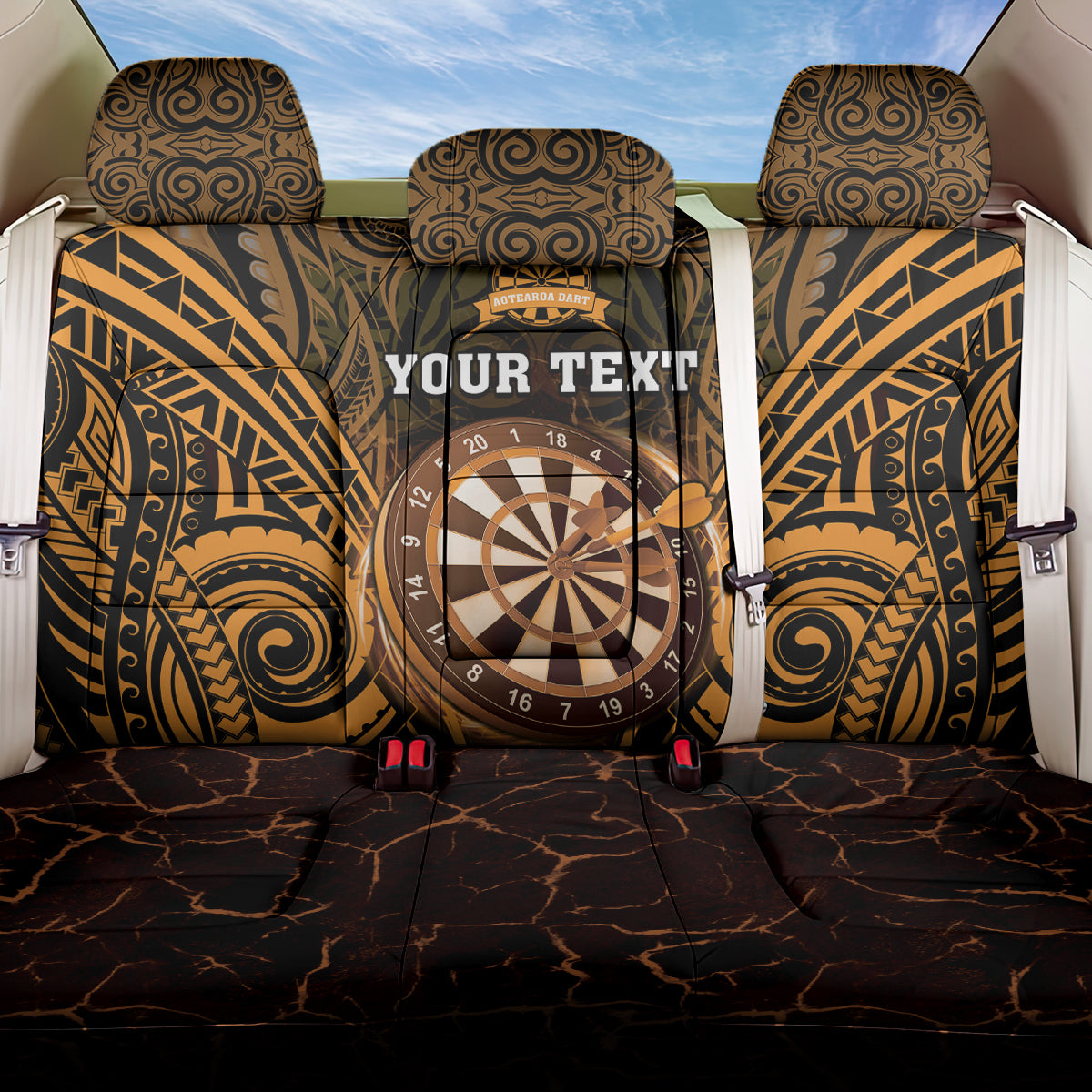 Personalised New Zealand Darts Back Car Seat Cover Gold Dart Board Maori Pattern