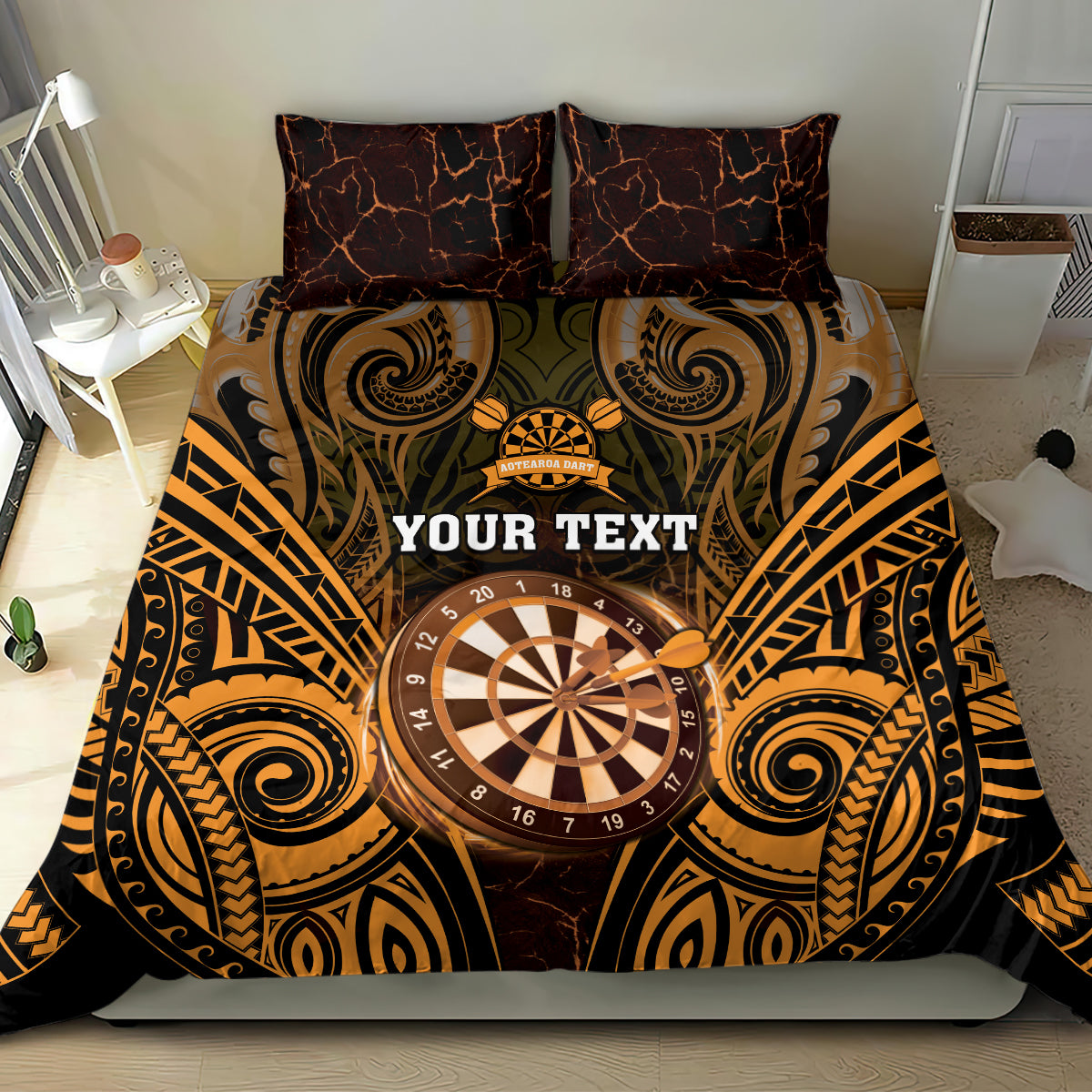 Personalised New Zealand Darts Bedding Set Gold Dart Board Maori Pattern