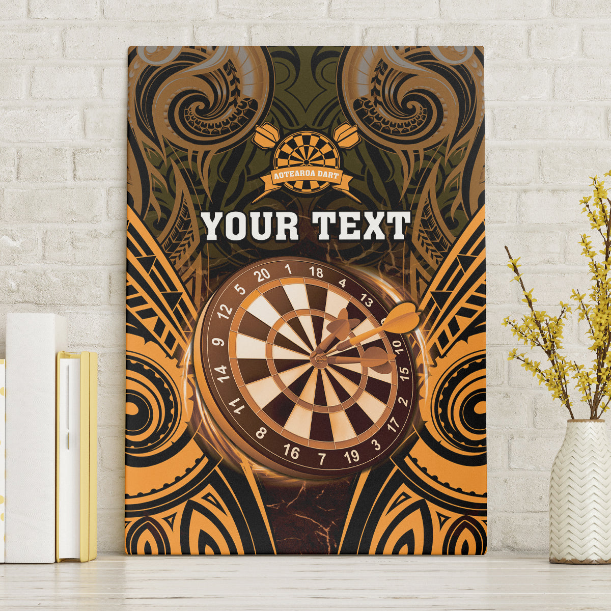 Personalised New Zealand Darts Canvas Wall Art Gold Dart Board Maori Pattern