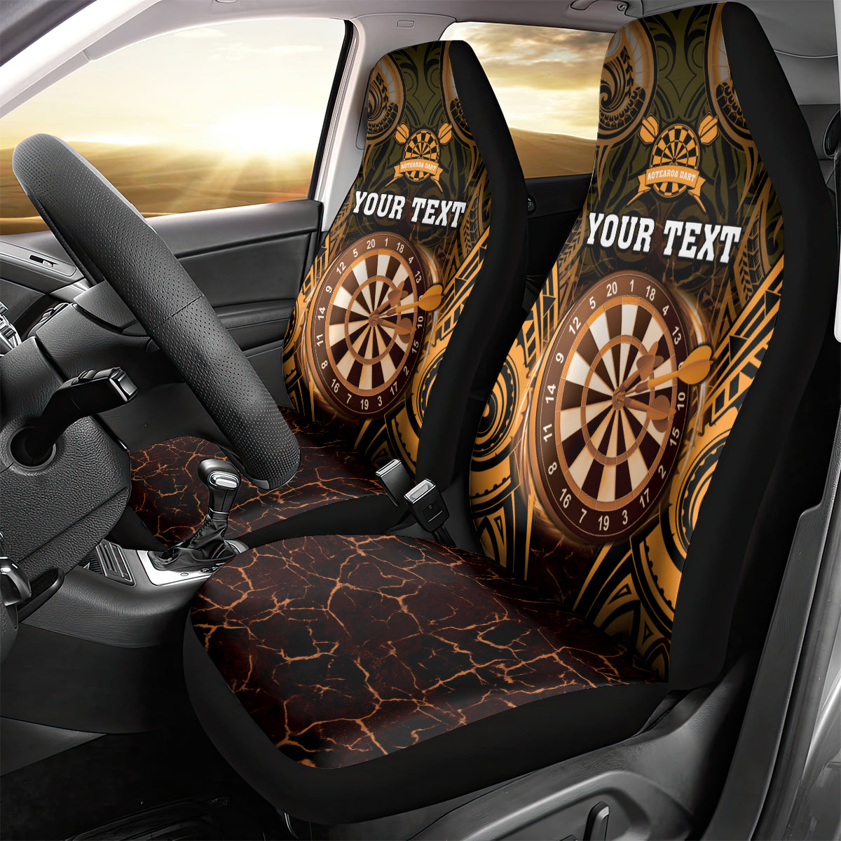 Personalised New Zealand Darts Car Seat Cover Gold Dart Board Maori Pattern