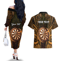 Personalised New Zealand Darts Couples Matching Off The Shoulder Long Sleeve Dress and Hawaiian Shirt Gold Dart Board Maori Pattern