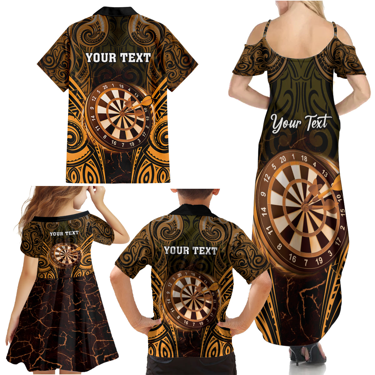 Personalised New Zealand Darts Family Matching Summer Maxi Dress and Hawaiian Shirt Gold Dart Board Maori Pattern