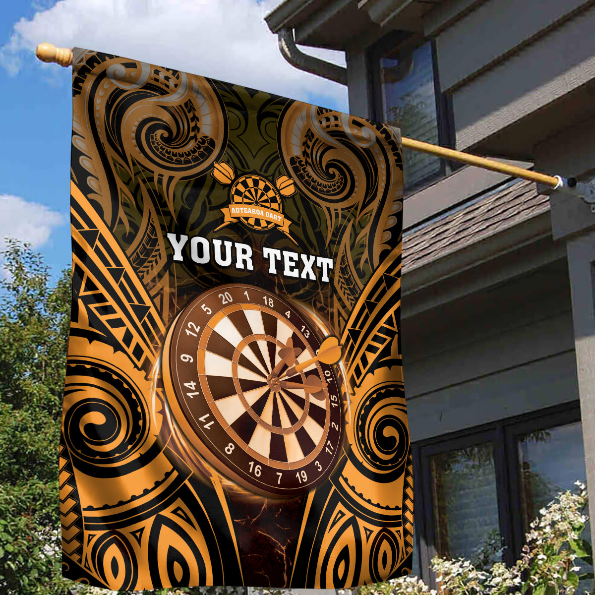 Personalised New Zealand Darts Garden Flag Gold Dart Board Maori Pattern