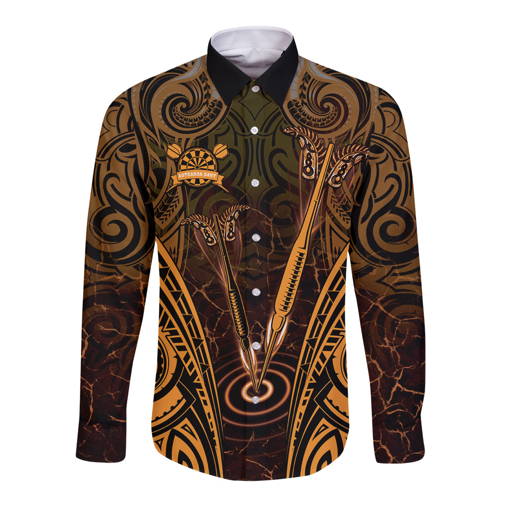 Personalised New Zealand Darts Long Sleeve Button Shirt Gold Dart Board Maori Pattern