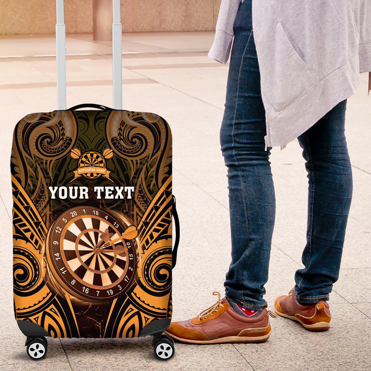 Personalised New Zealand Darts Luggage Cover Gold Dart Board Maori Pattern