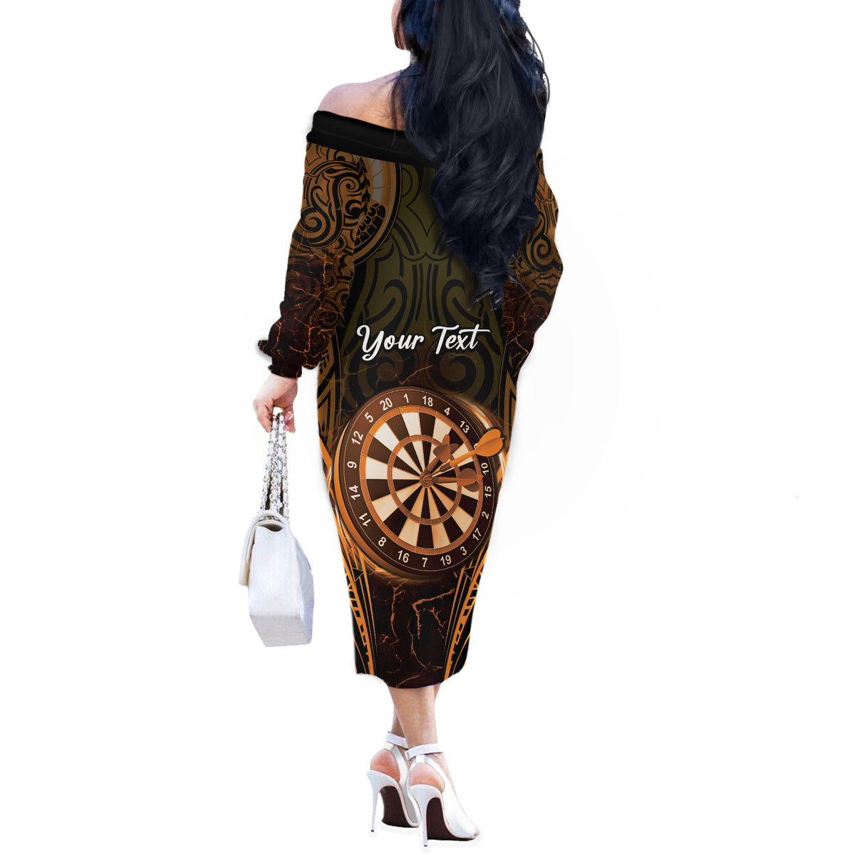 Personalised New Zealand Darts Off The Shoulder Long Sleeve Dress Gold Dart Board Maori Pattern