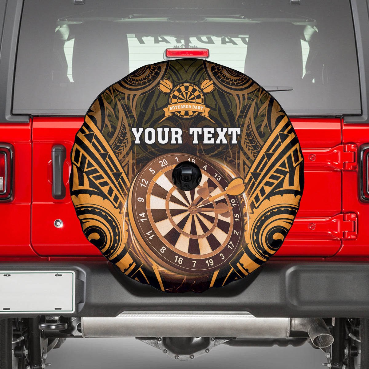 Personalised New Zealand Darts Spare Tire Cover Gold Dart Board Maori Pattern