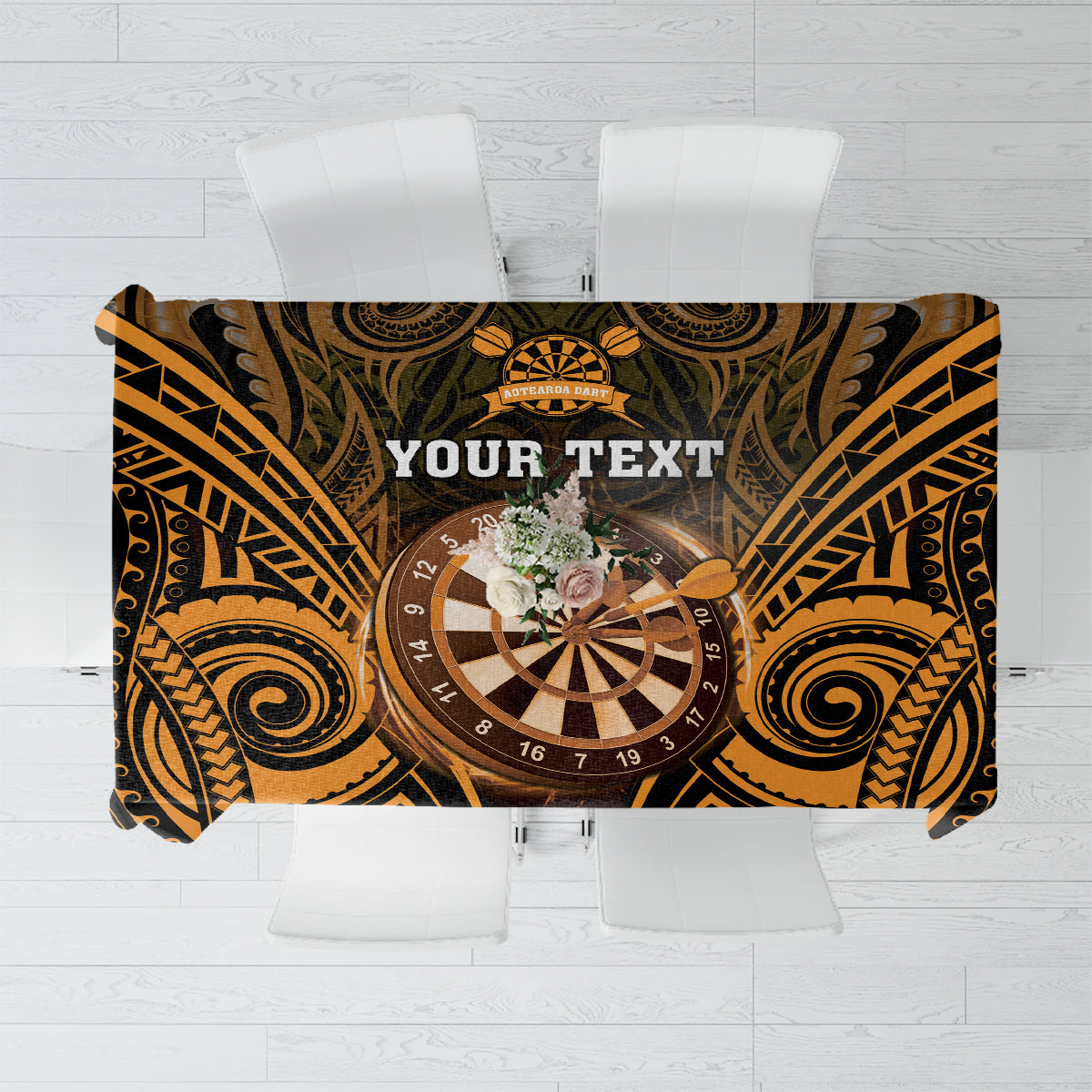 Personalised New Zealand Darts Tablecloth Gold Dart Board Maori Pattern