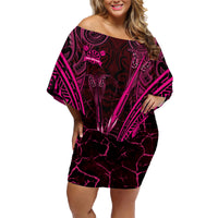 Personalised New Zealand Darts Family Matching Off Shoulder Short Dress and Hawaiian Shirt Pink Dart Board Maori Pattern
