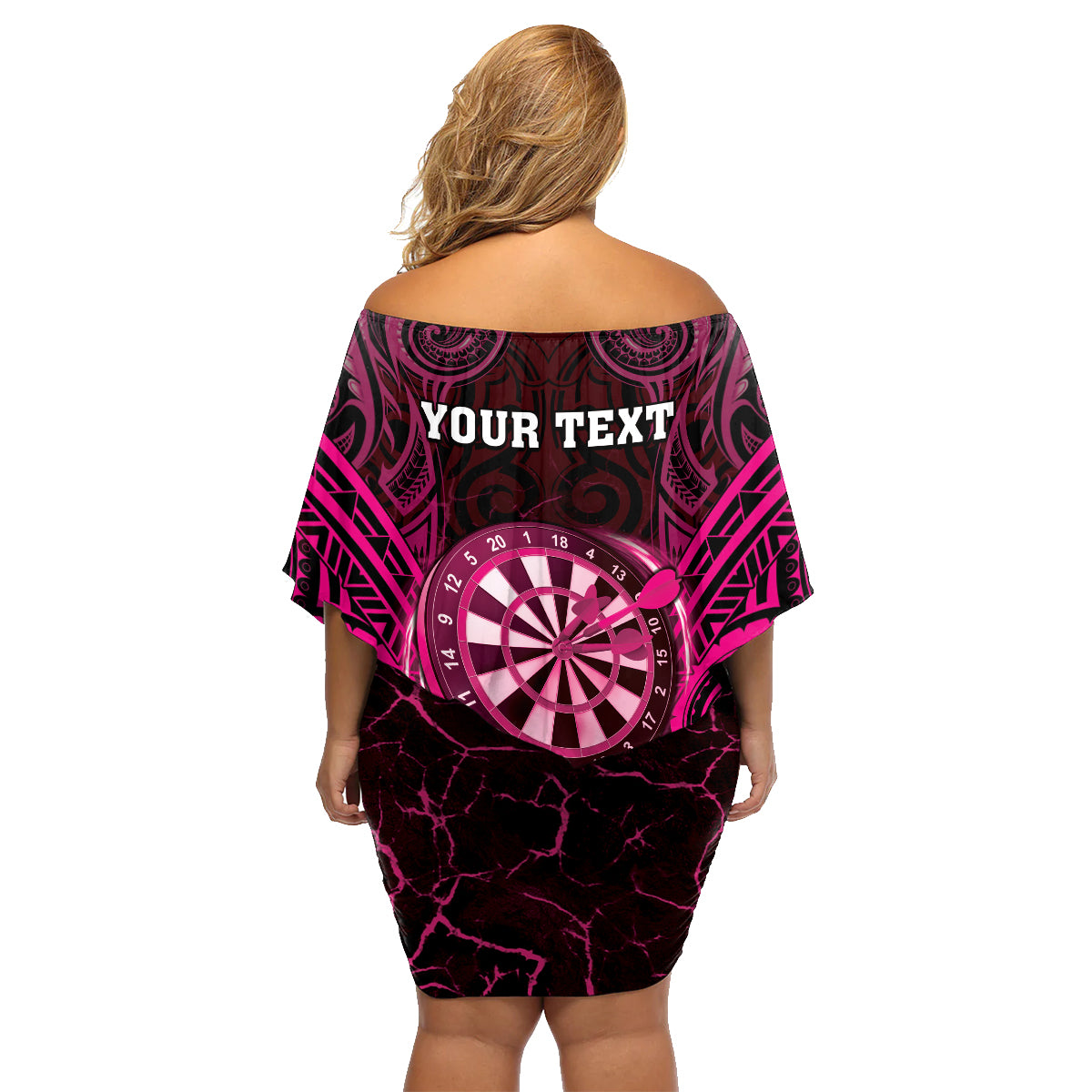 Personalised New Zealand Darts Family Matching Off Shoulder Short Dress and Hawaiian Shirt Pink Dart Board Maori Pattern