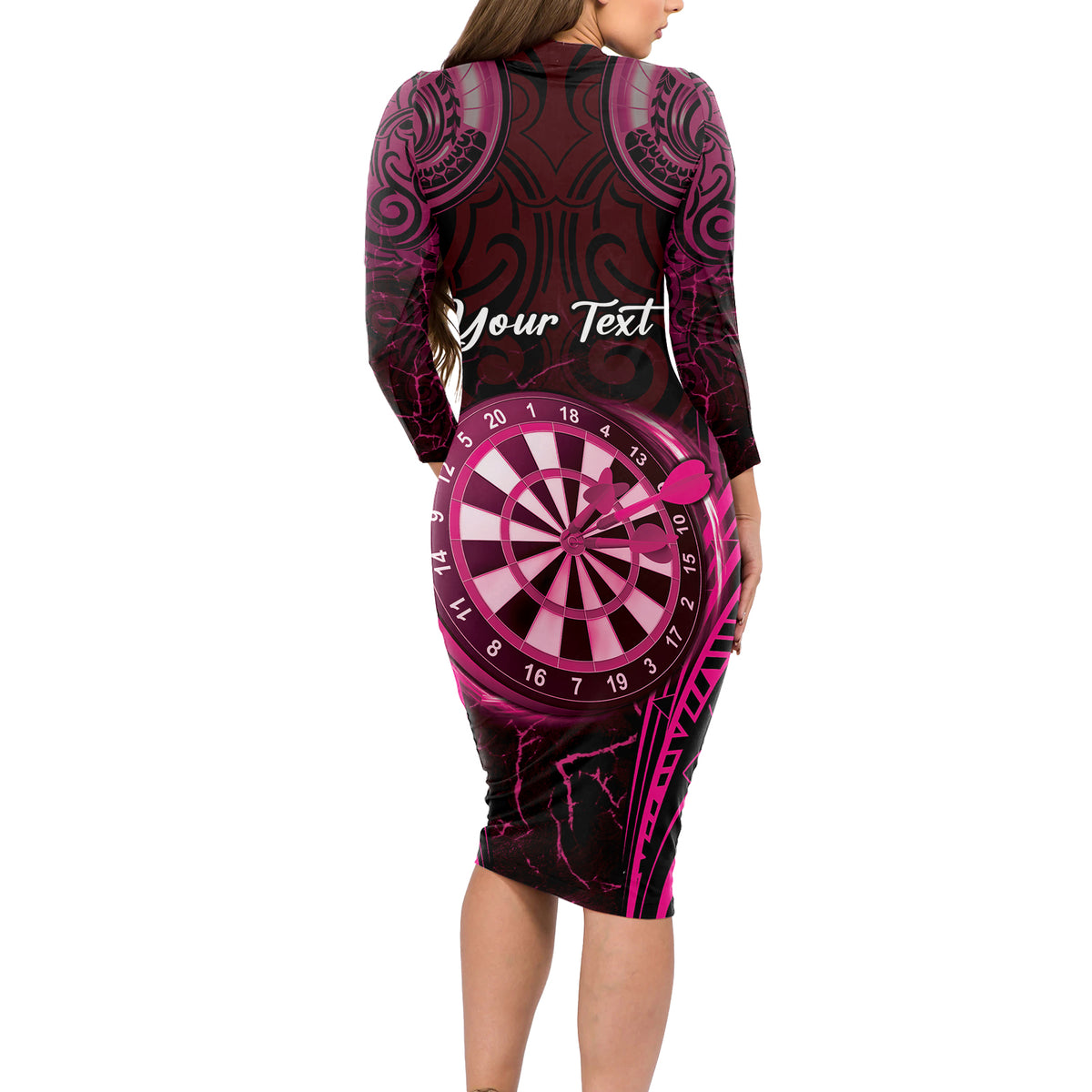 Personalised New Zealand Darts Long Sleeve Bodycon Dress Pink Dart Board Maori Pattern