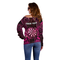 Personalised New Zealand Darts Off Shoulder Sweater Pink Dart Board Maori Pattern