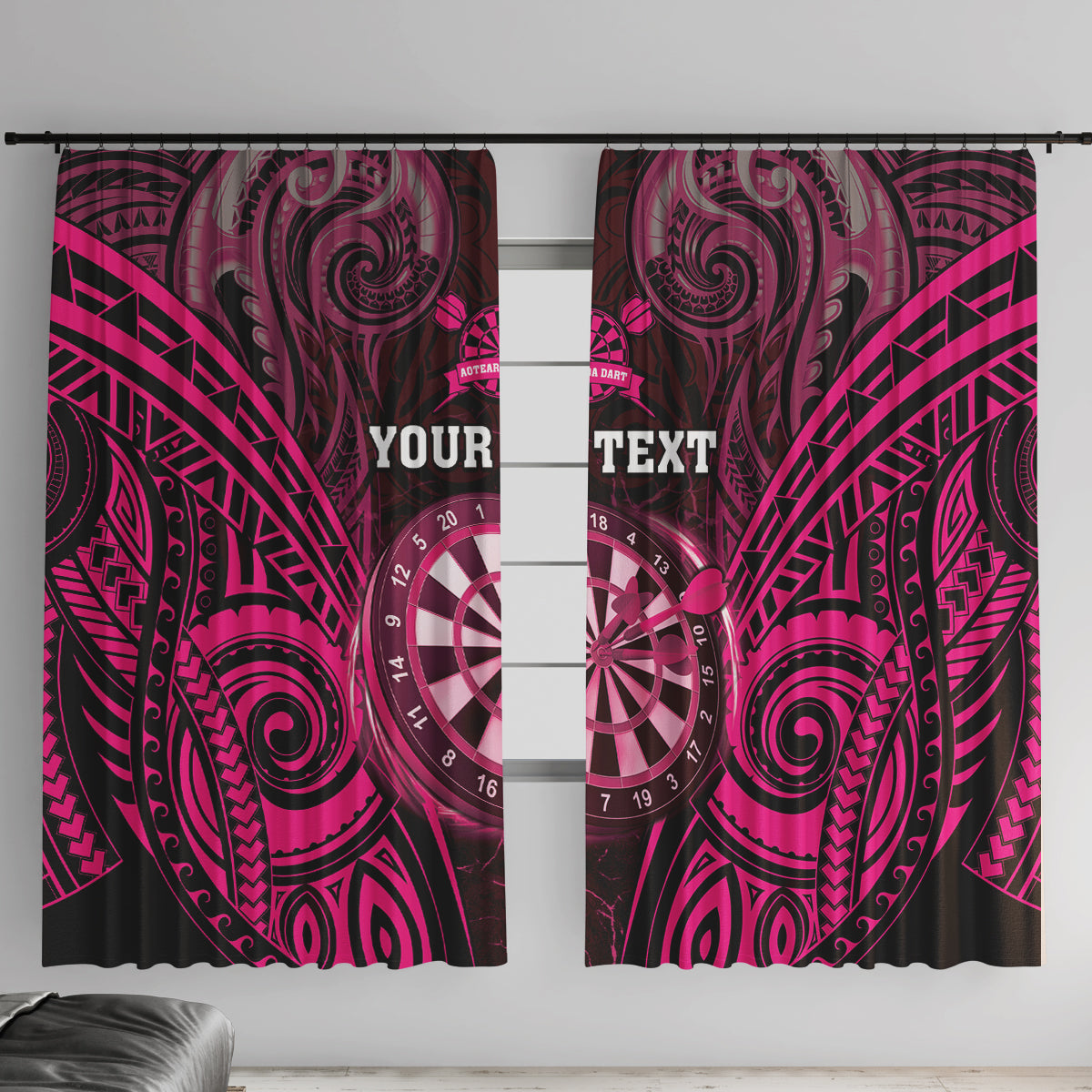 Personalised New Zealand Darts Window Curtain Pink Dart Board Maori Pattern