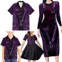 Personalised New Zealand Darts Family Matching Long Sleeve Bodycon Dress and Hawaiian Shirt Purple Dart Board Maori Pattern