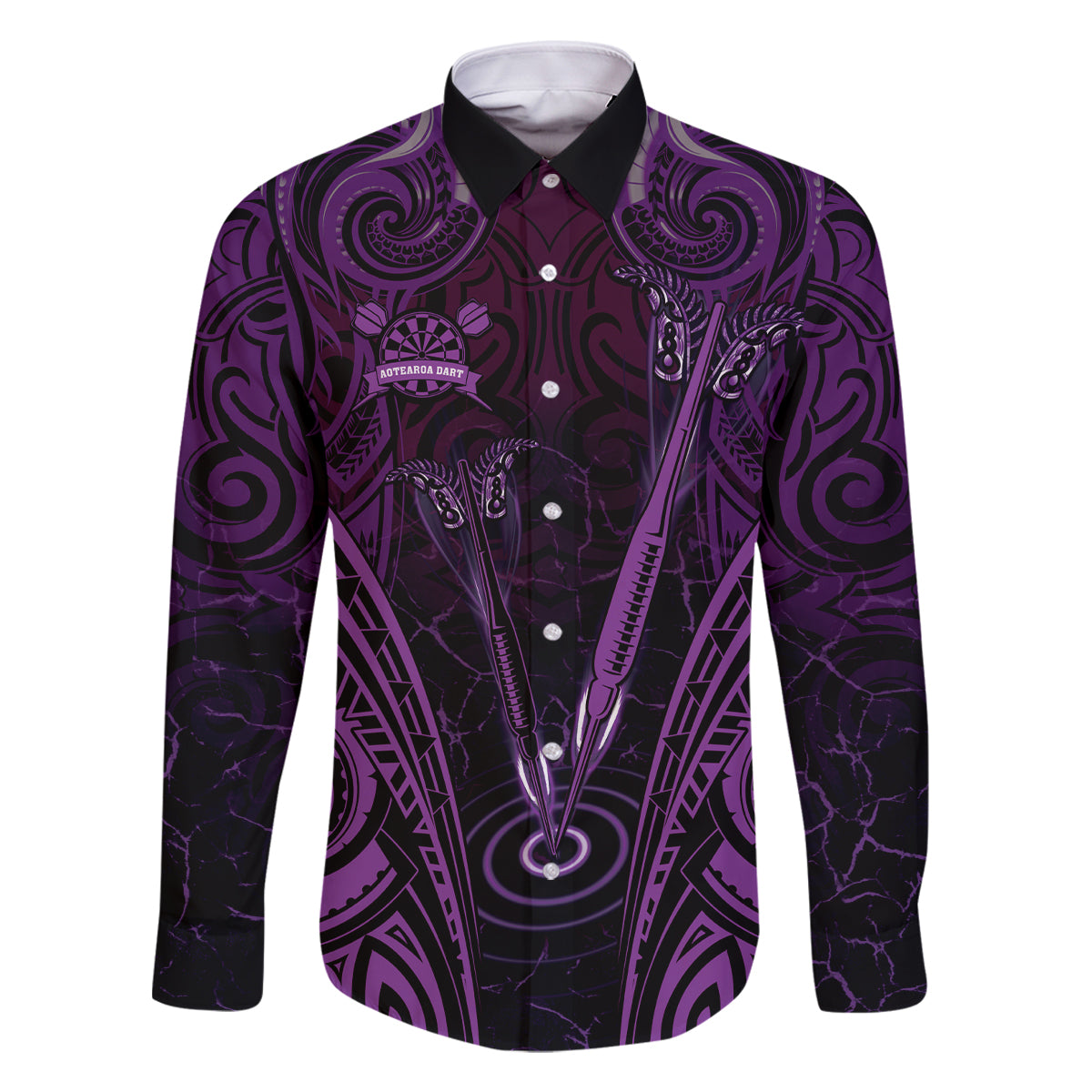 Personalised New Zealand Darts Family Matching Long Sleeve Bodycon Dress and Hawaiian Shirt Purple Dart Board Maori Pattern