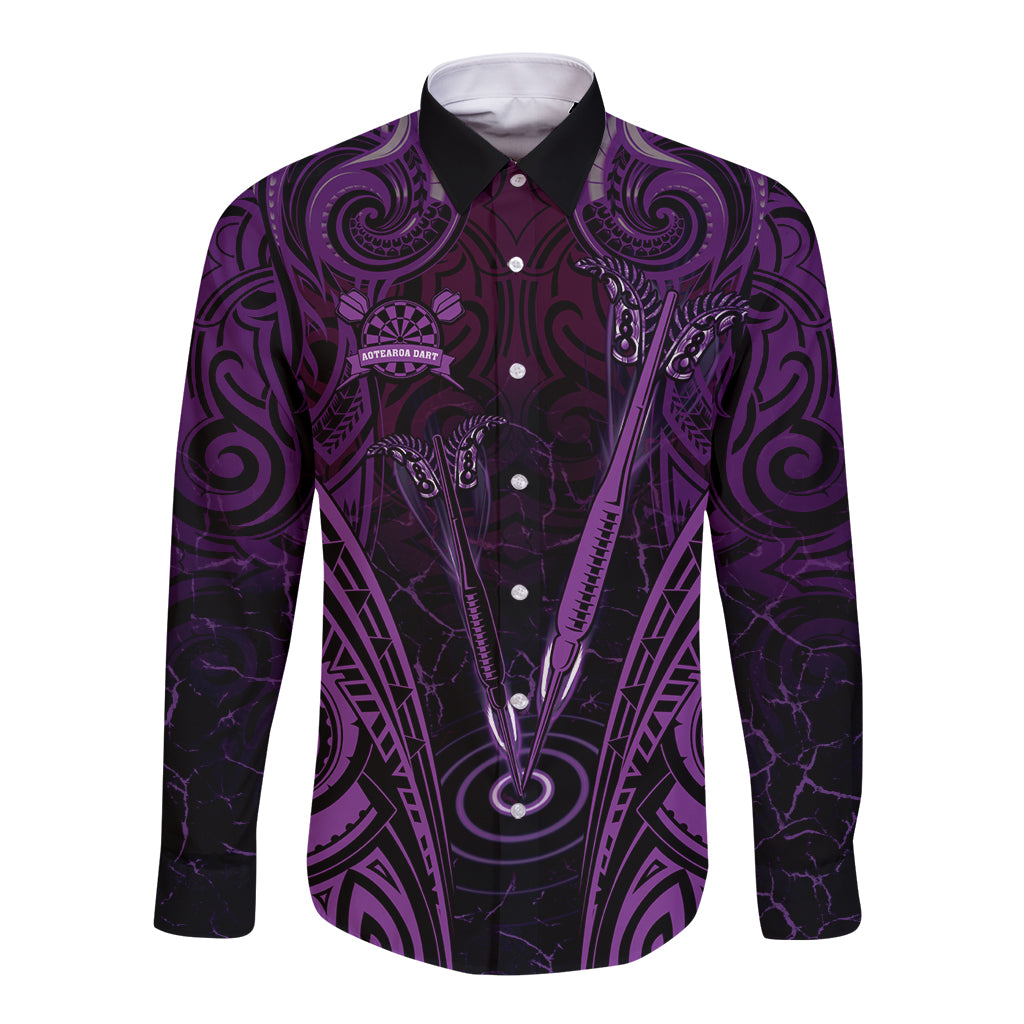 Personalised New Zealand Darts Long Sleeve Button Shirt Purple Dart Board Maori Pattern