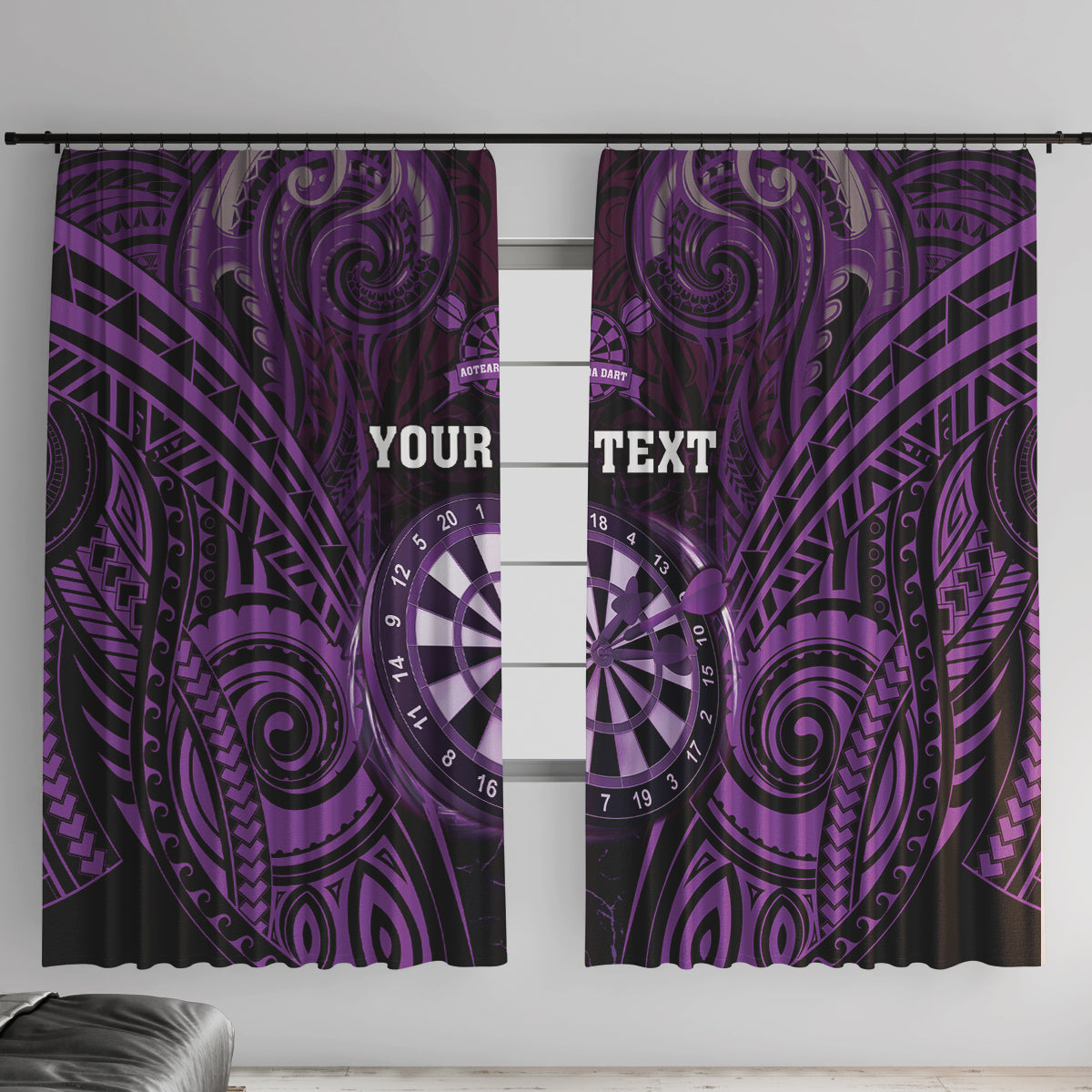 Personalised New Zealand Darts Window Curtain Purple Dart Board Maori Pattern LT05 With Hooks Purple - Polynesian Pride