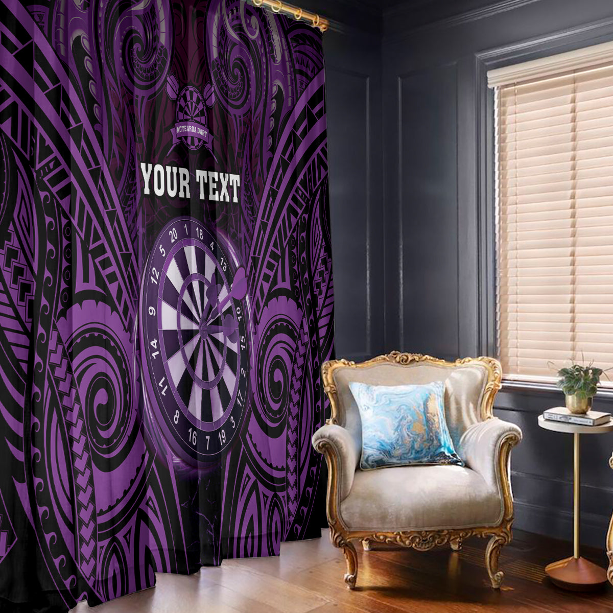 Personalised New Zealand Darts Window Curtain Purple Dart Board Maori Pattern LT05 - Polynesian Pride