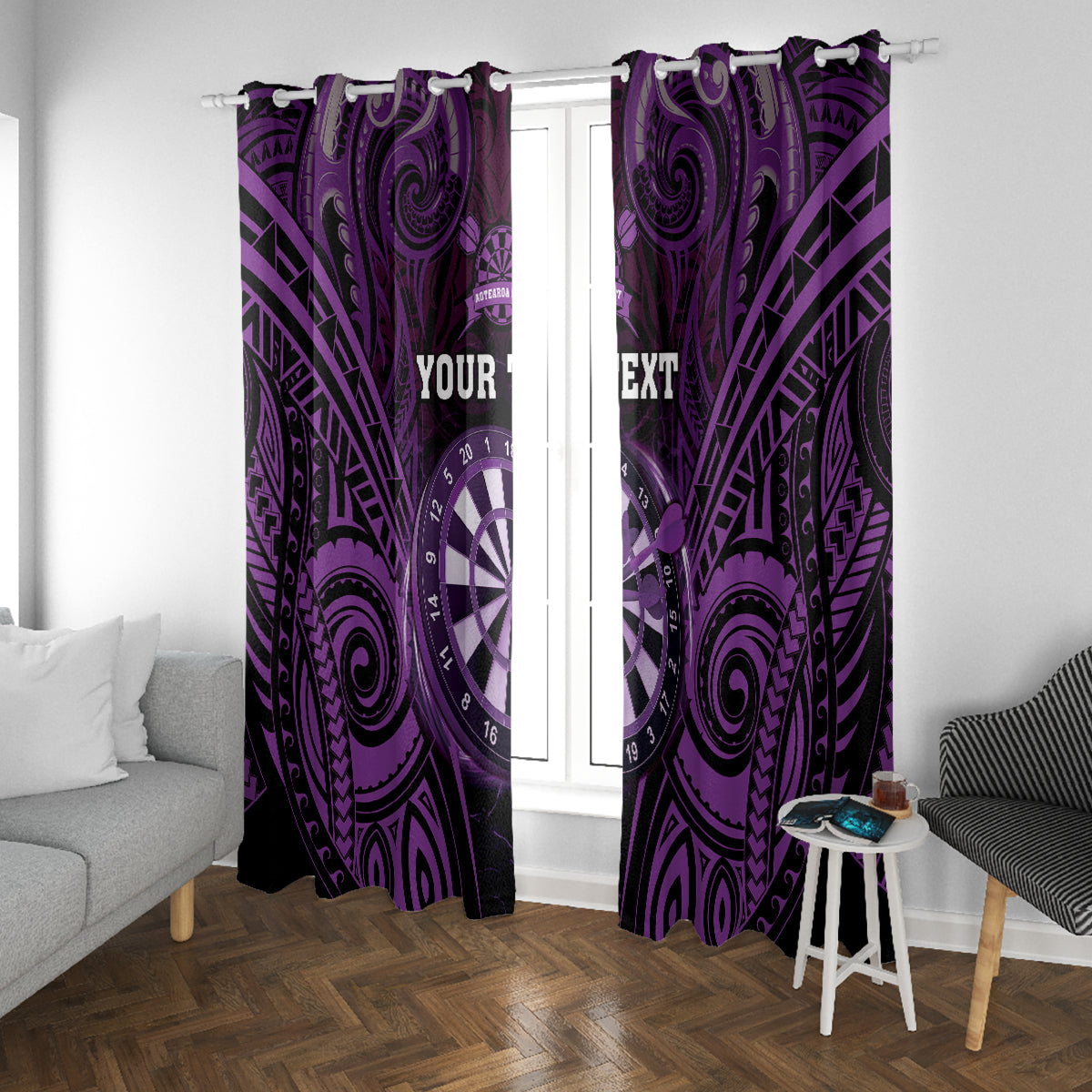 Personalised New Zealand Darts Window Curtain Purple Dart Board Maori Pattern LT05 With Grommets Purple - Polynesian Pride