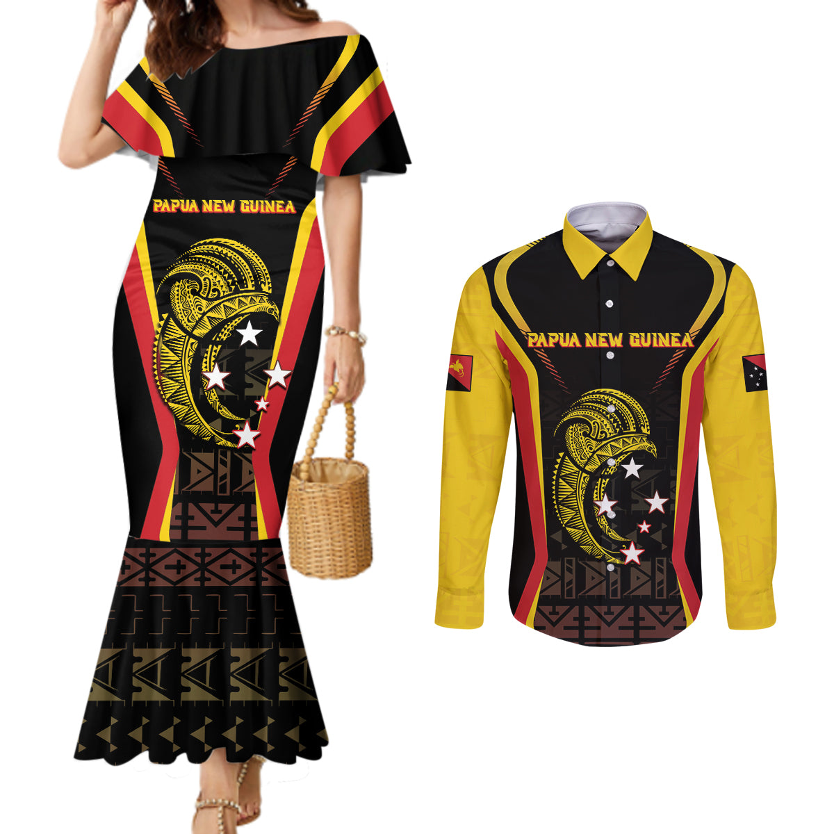 Custom Papua New Guinea Cricket Couples Matching Mermaid Dress and Long Sleeve Button Shirt 2024 World Cup