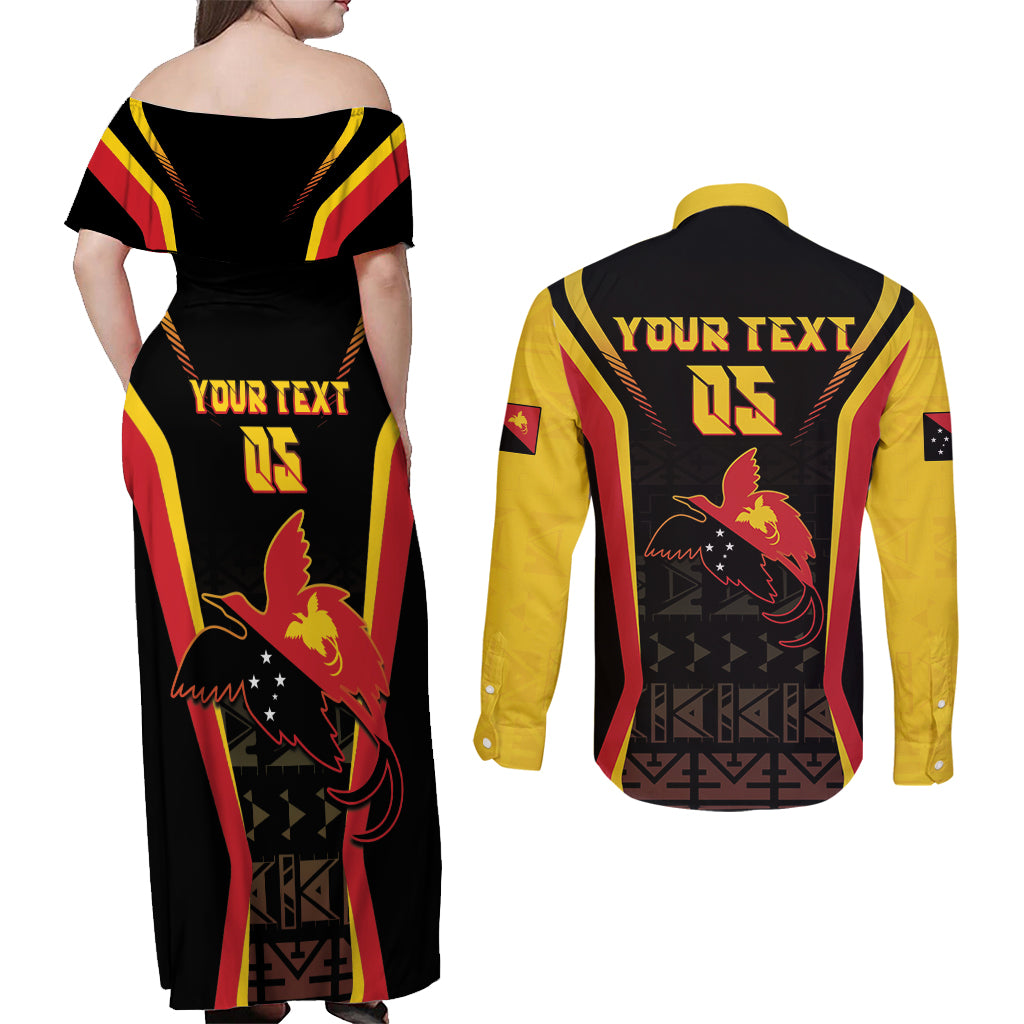 Custom Papua New Guinea Cricket Couples Matching Off Shoulder Maxi Dress and Long Sleeve Button Shirt 2024 World Cup LT05 - Polynesian Pride