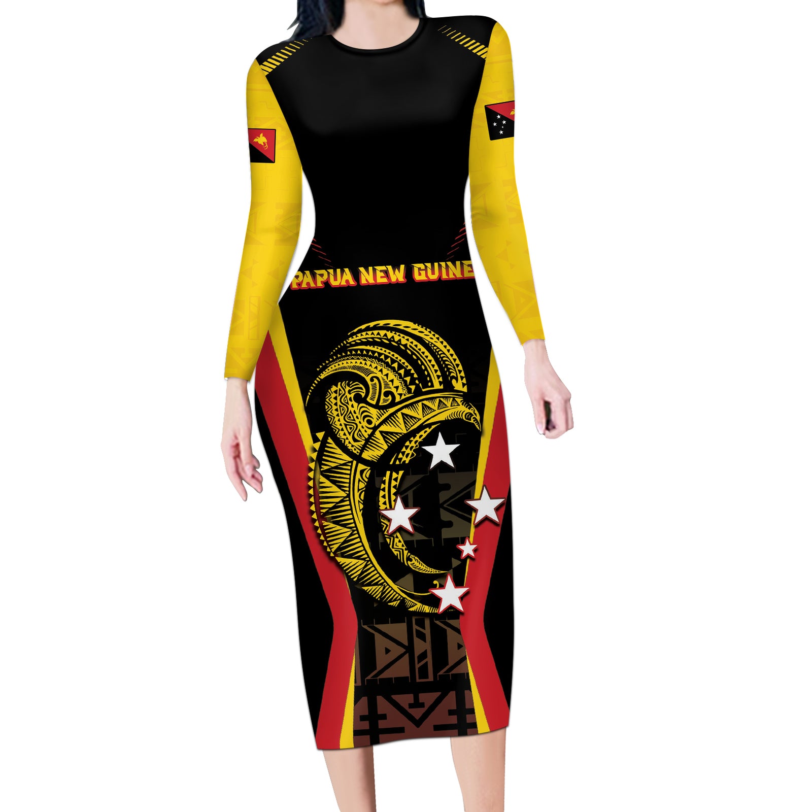 Custom Papua New Guinea Cricket Long Sleeve Bodycon Dress 2024 World Cup LT05 Long Dress Black - Polynesian Pride