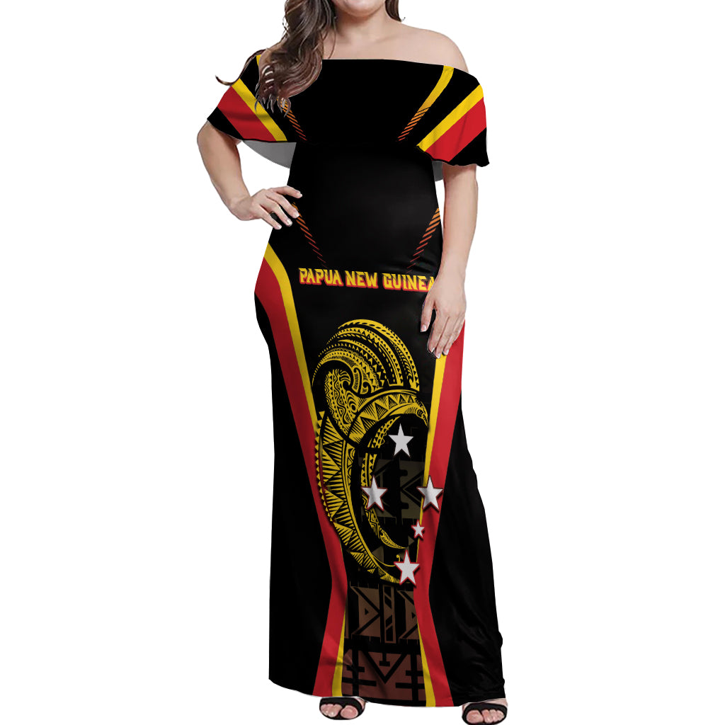 Custom Papua New Guinea Cricket Off Shoulder Maxi Dress 2024 World Cup LT05 Women Black - Polynesian Pride