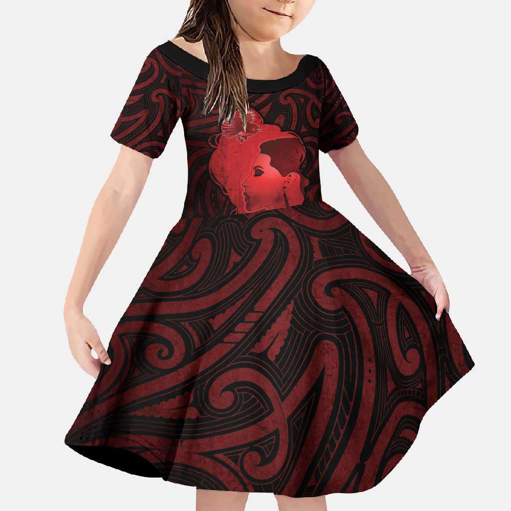 Aotearoa Mana Wahine Family Matching Short Sleeve Bodycon Dress and Hawaiian Shirt The Spiritual Power Of Women LT05 Daughter's Dress Red - Polynesian Pride