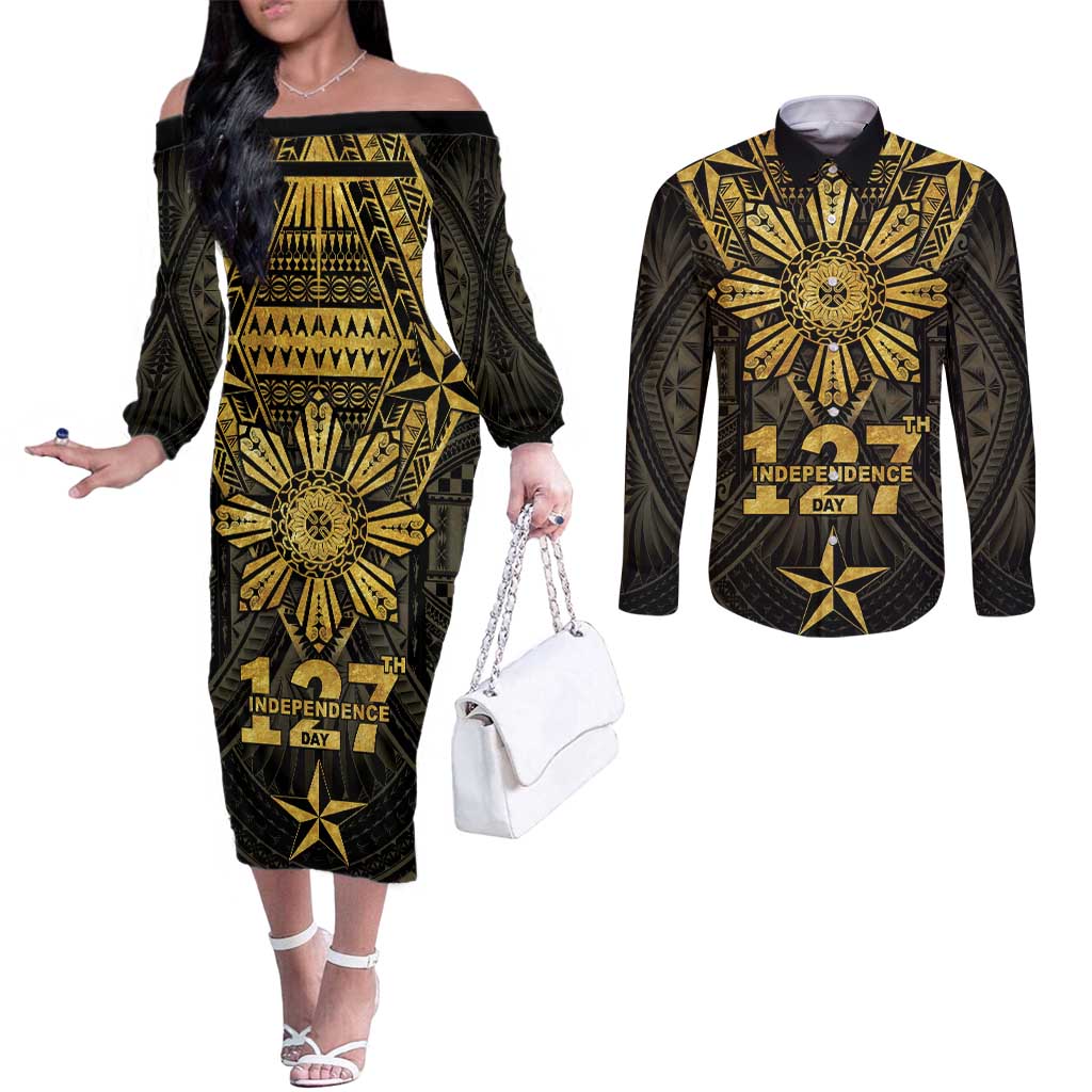 Personalised Philippines Independence Day Couples Matching Off The Shoulder Long Sleeve Dress and Long Sleeve Button Shirt Filipinos Sun Star Tribal