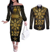Personalised Philippines Independence Day Couples Matching Off The Shoulder Long Sleeve Dress and Long Sleeve Button Shirt Filipinos Sun Star Tribal