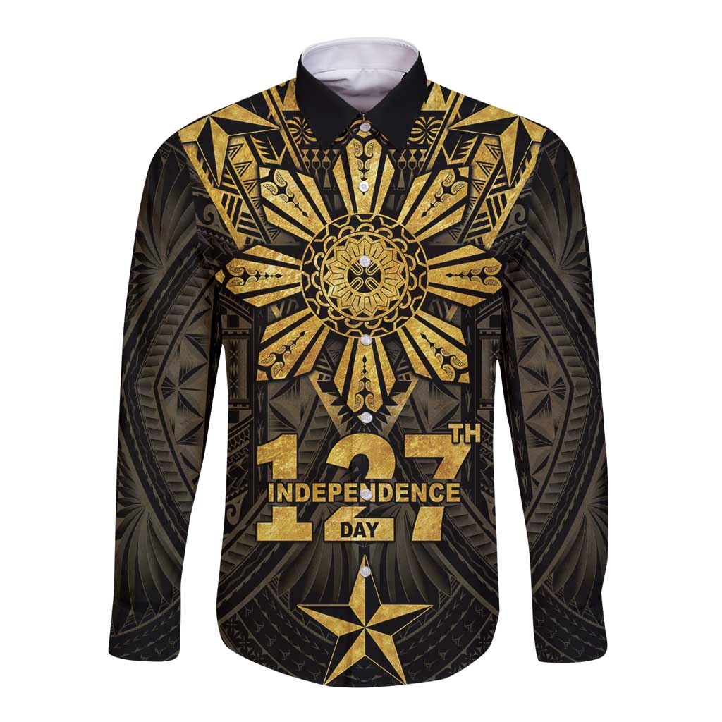 Personalised Philippines Independence Day Long Sleeve Button Shirt Filipinos Sun Star Tribal LT05 Unisex Gold - Polynesian Pride