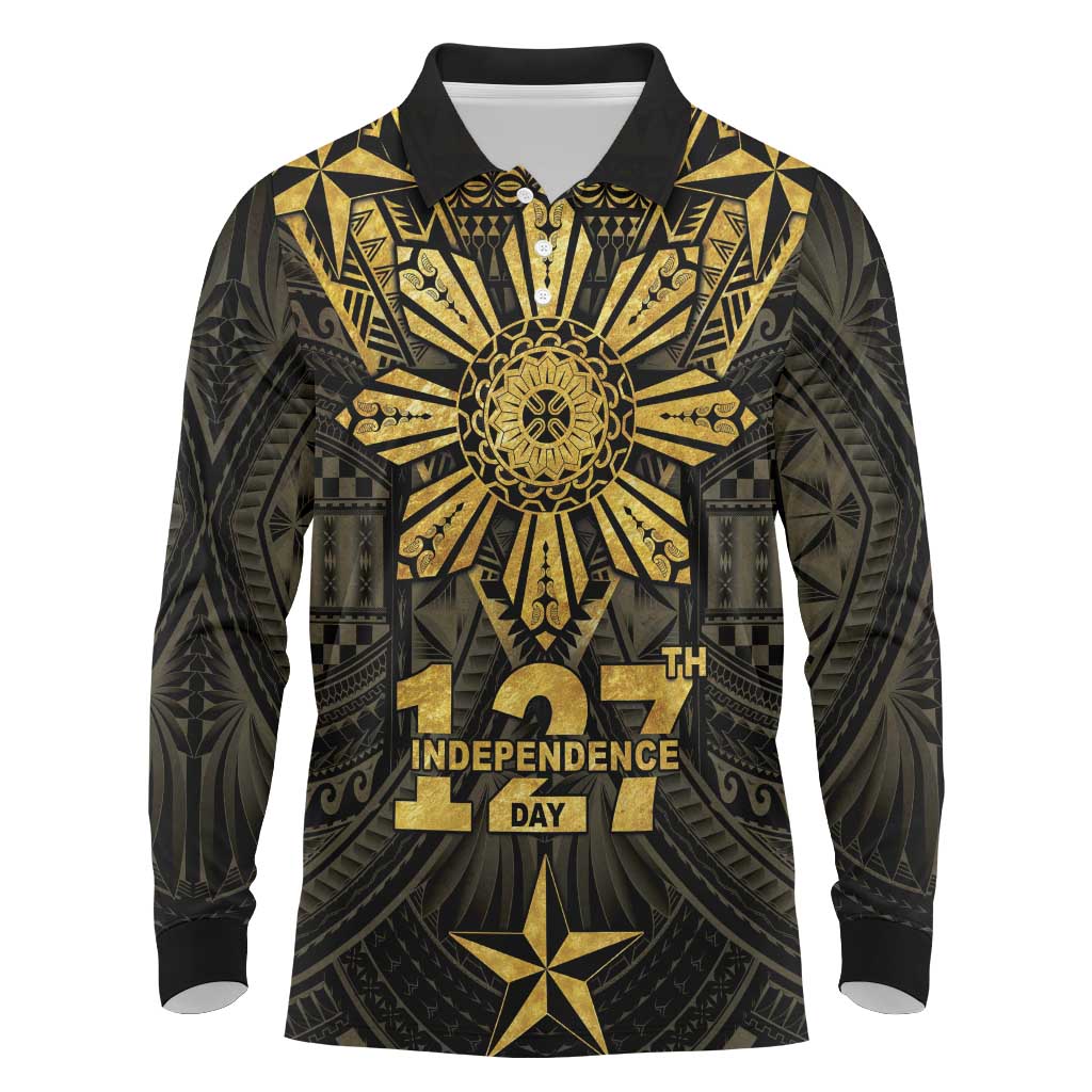 Personalised Philippines Independence Day Long Sleeve Polo Shirt Filipinos Sun Star Tribal LT05 Gold - Polynesian Pride