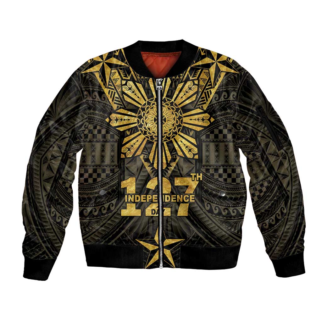 Personalised Philippines Independence Day Sleeve Zip Bomber Jacket Filipinos Sun Star Tribal LT05 Unisex Gold - Polynesian Pride