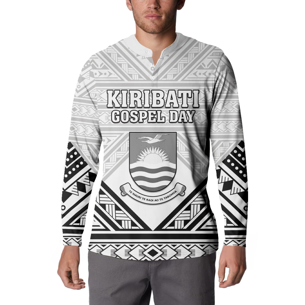 Personalised Kiribati Gospel Day Button Sweatshirt Coat Of Arms Polynesian Pattern