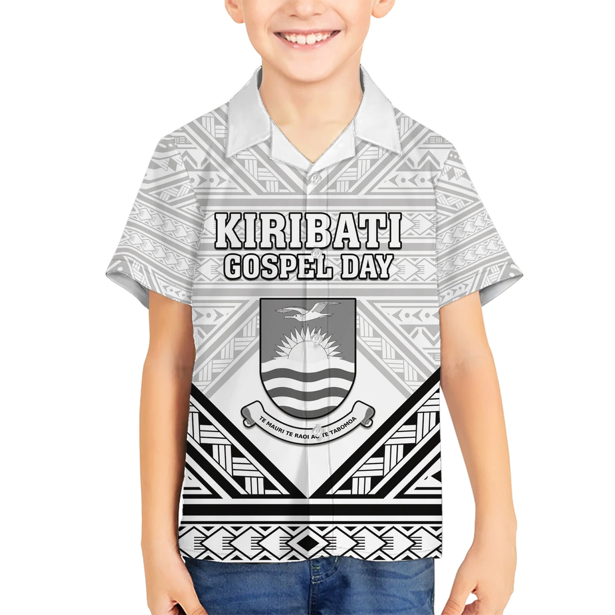 Personalised Kiribati Gospel Day Hawaiian Shirt Coat Of Arms Polynesian Pattern