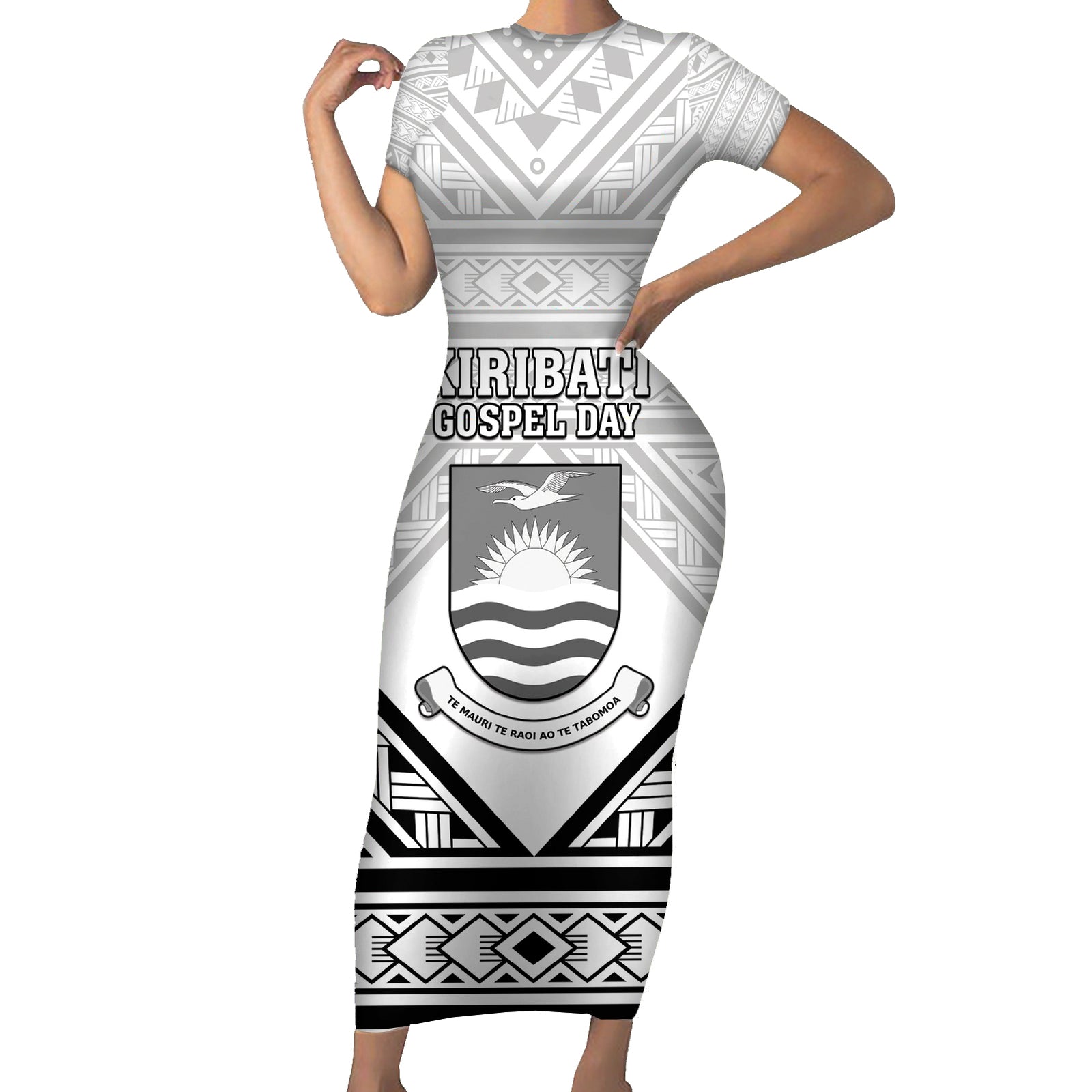 Personalised Kiribati Gospel Day Short Sleeve Bodycon Dress Coat Of Arms Polynesian Pattern