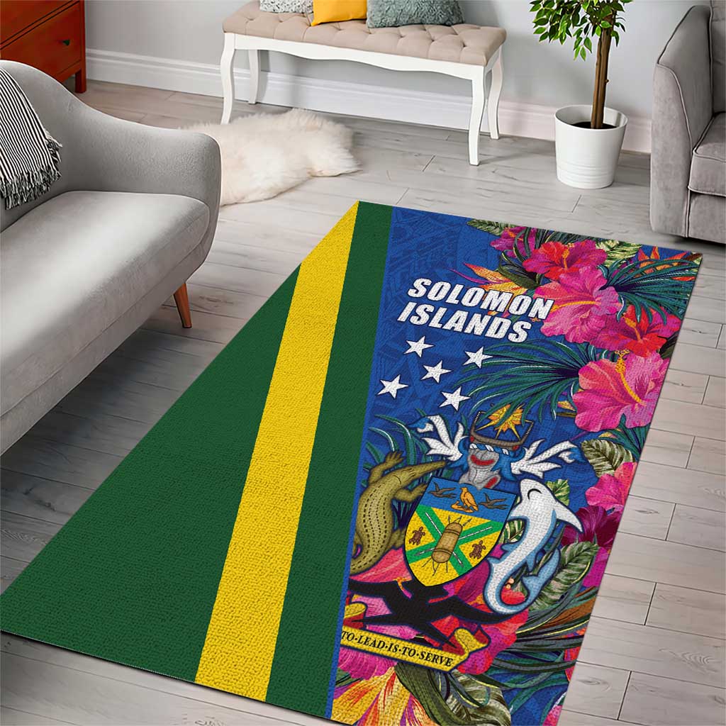 Solomon Islands Independence Day Area Rug Coat Of Arms With Tropical Flowers