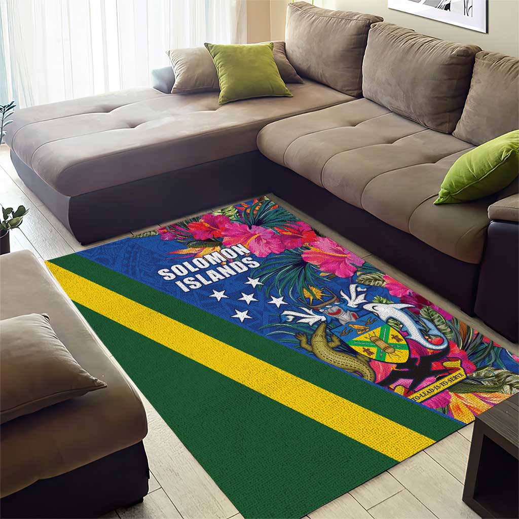 Solomon Islands Independence Day Area Rug Coat Of Arms With Tropical Flowers