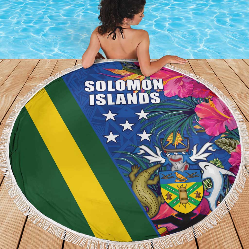 Solomon Islands Independence Day Beach Blanket Coat Of Arms With Tropical Flowers