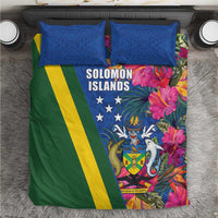Solomon Islands Independence Day Bedding Set Coat Of Arms With Tropical Flowers