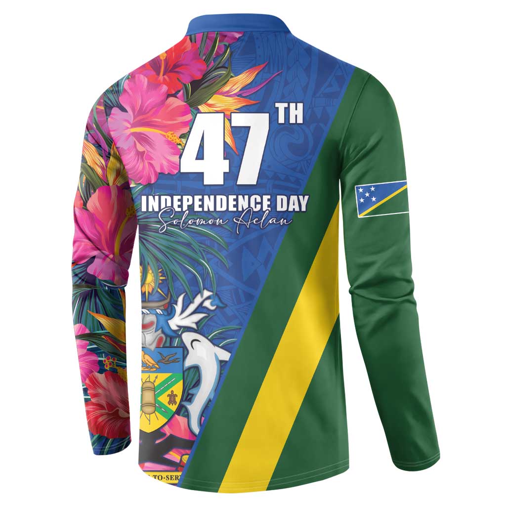 Solomon Islands Independence Day Button Sweatshirt Coat Of Arms With Tropical Flowers