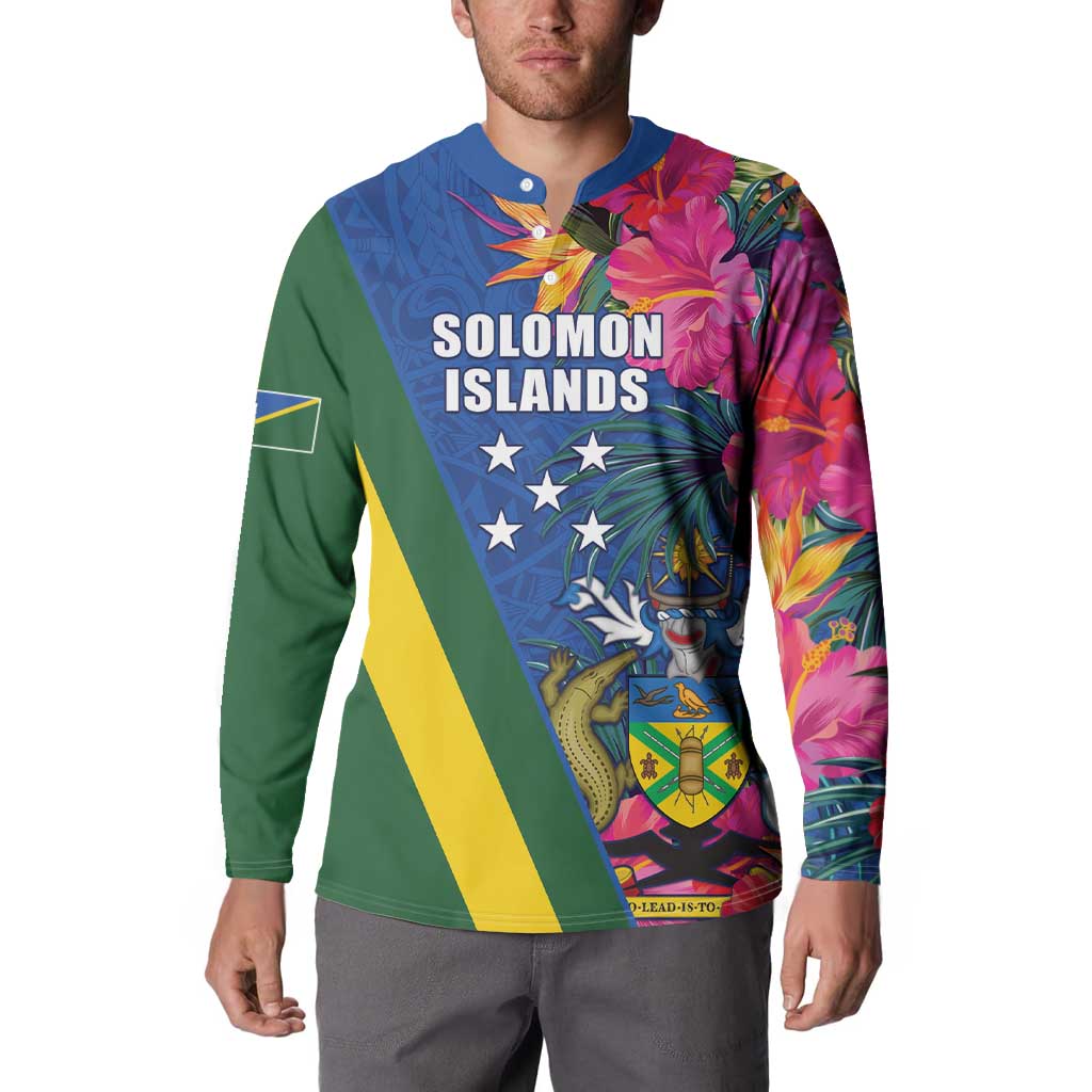 Solomon Islands Independence Day Button Sweatshirt Coat Of Arms With Tropical Flowers