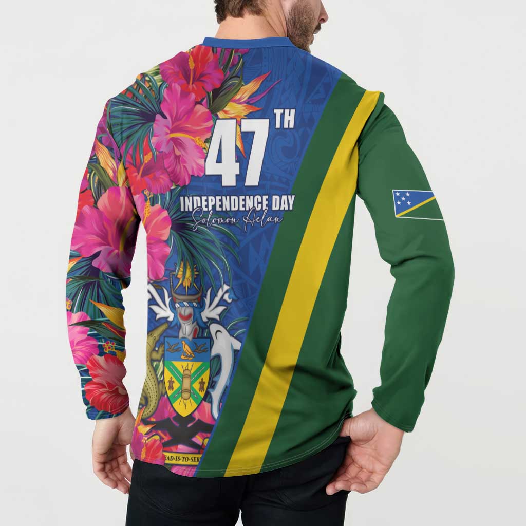 Solomon Islands Independence Day Button Sweatshirt Coat Of Arms With Tropical Flowers