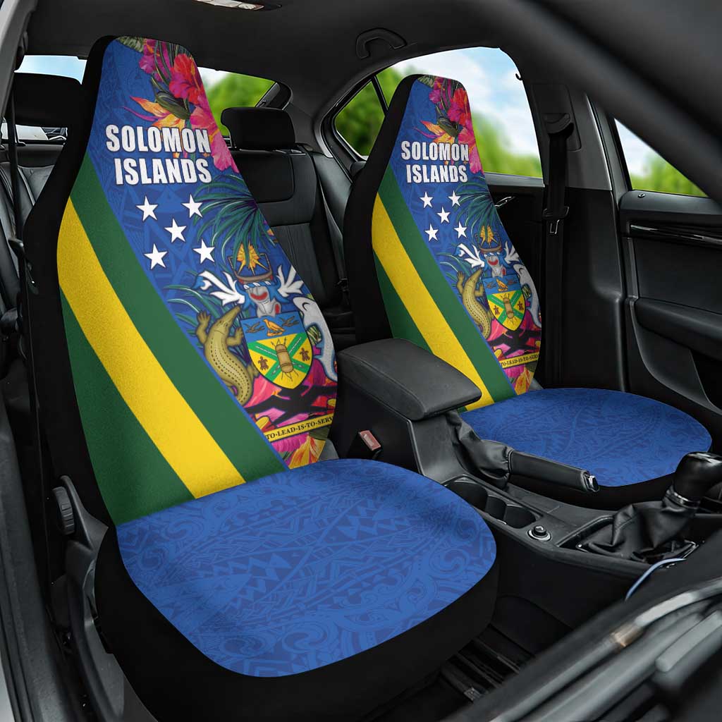 Solomon Islands Independence Day Car Seat Cover Coat Of Arms With Tropical Flowers