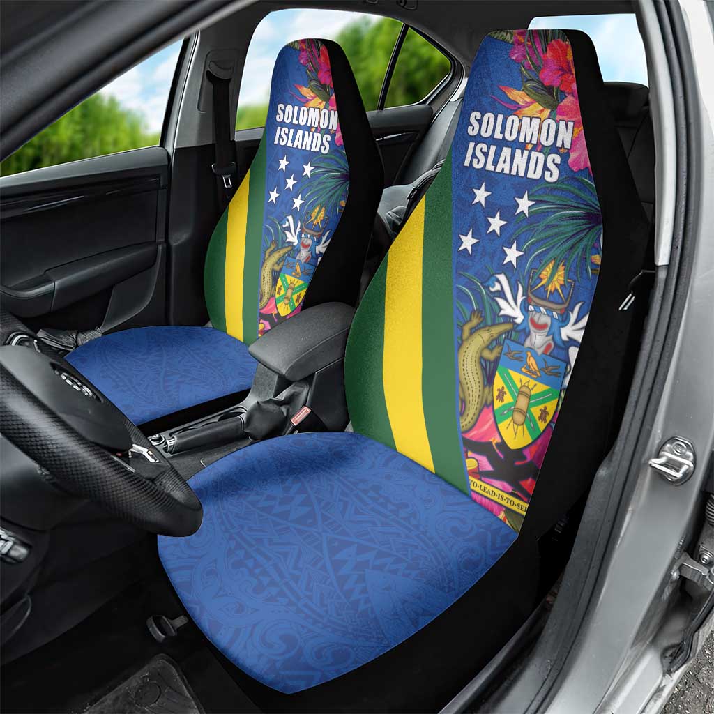 Solomon Islands Independence Day Car Seat Cover Coat Of Arms With Tropical Flowers