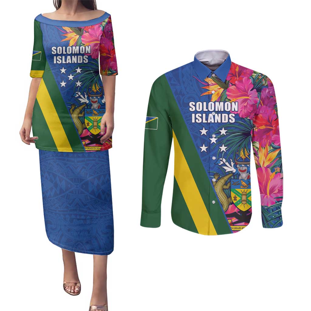 Solomon Islands Independence Day Couples Matching Puletasi and Long Sleeve Button Shirt Coat Of Arms With Tropical Flowers
