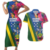 Solomon Islands Independence Day Couples Matching Short Sleeve Bodycon Dress and Hawaiian Shirt Coat Of Arms With Tropical Flowers