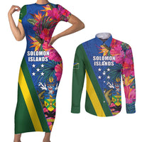 Solomon Islands Independence Day Couples Matching Short Sleeve Bodycon Dress and Long Sleeve Button Shirt Coat Of Arms With Tropical Flowers